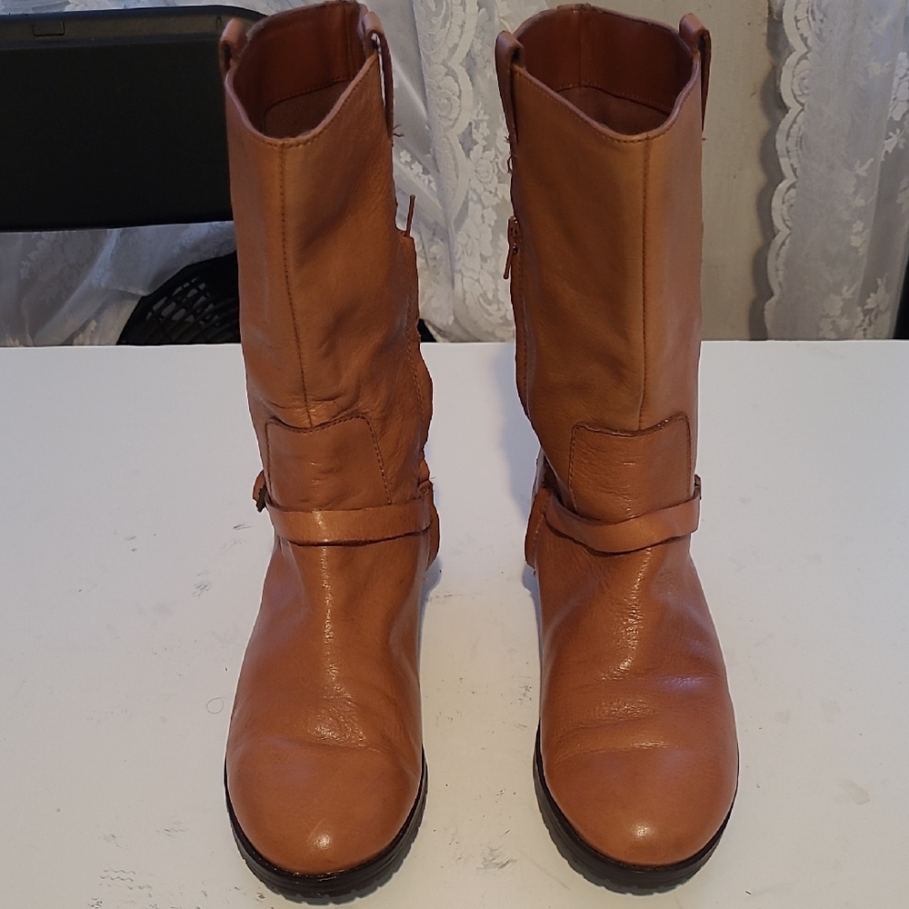 Ralph Lauren Cognac Leather Lace-Up Mid-Calf Boots